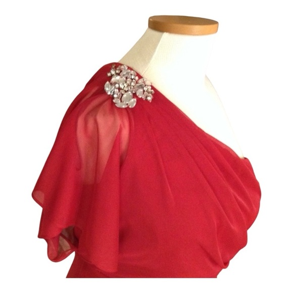 One Shoulder Red dress with Silver Rhinestones embellishment on shoulder. - Picture 3 of 8